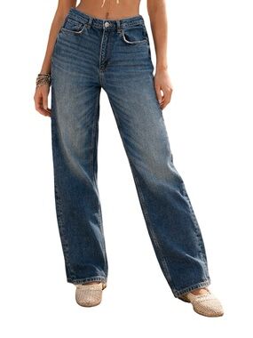 Zara Medium Blue denim Straight Leg High Waisted Jeans Size 6